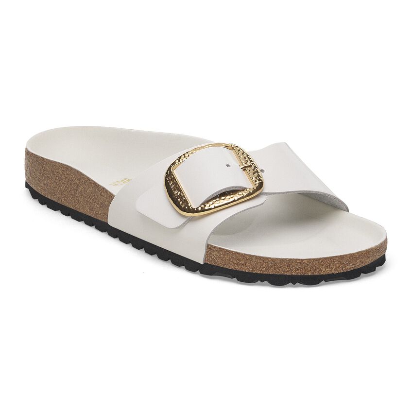 Madrid Hammered Big Buckle - Antique White High Shine Leather||Madrid grosse boucle martelée - Cuir verni blanc antique
