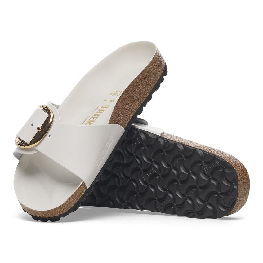 Madrid Hammered Big Buckle - Antique White High Shine Leather||Madrid grosse boucle martelée - Cuir verni blanc antique