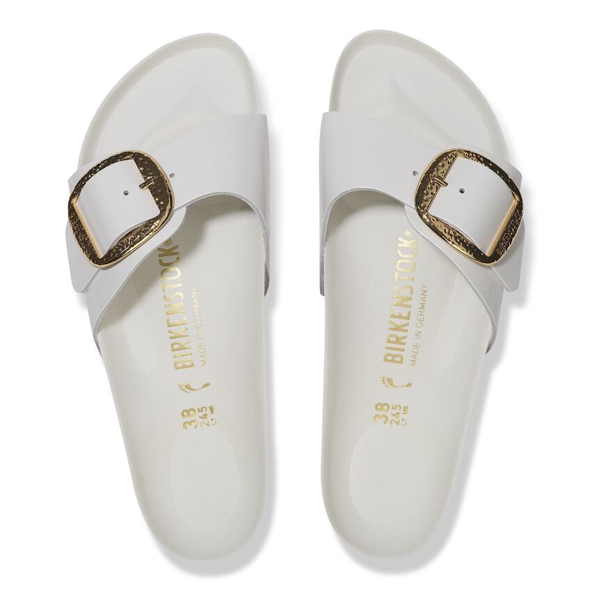 Madrid Hammered Big Buckle - Antique White High Shine Leather||Madrid grosse boucle martelée - Cuir verni blanc antique
